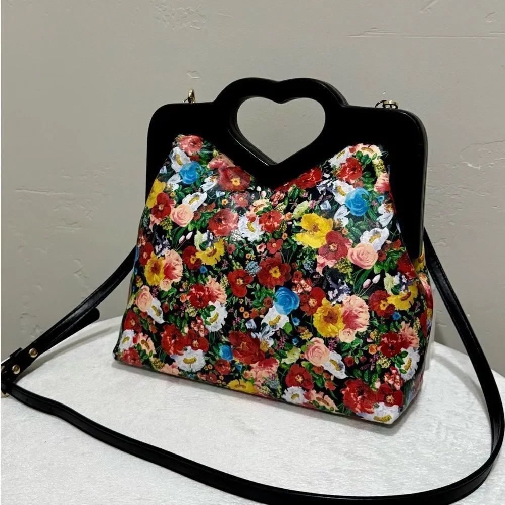 Floral Print Cowhide Leather, Handmade Cut-out Handle Wooden Frame Handbag